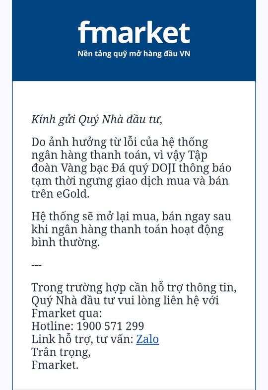 DOJI dừng mua bán vàng qua eGOLD do lỗi hệ thống TPBank