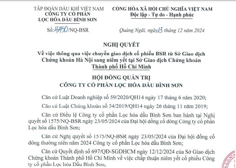 244 triệu cổ phiếu BSR sẽ giao dịch phiên cuối trên UpCOM vào 7/1/2025