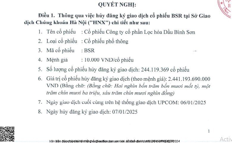 244 triệu cổ phiếu BSR sẽ giao dịch phiên cuối trên UpCOM vào 7/1/2025