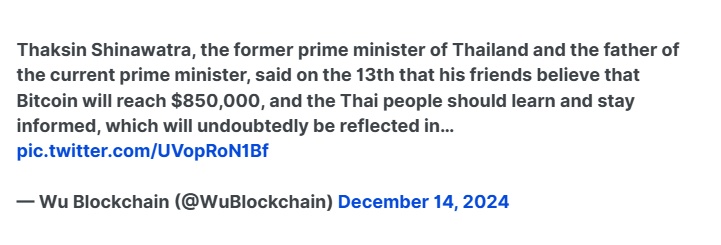 Cựu Thủ tướng Thái Lan gây dậy sóng khi tuyên bố Bitcoin sẽ đạt 850.000 USD
