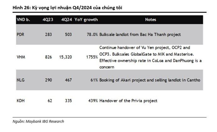 Lợi nhuận VHM, KDH, PDR được dự báo tăng trưởng đột biến trong quý 4/2024
