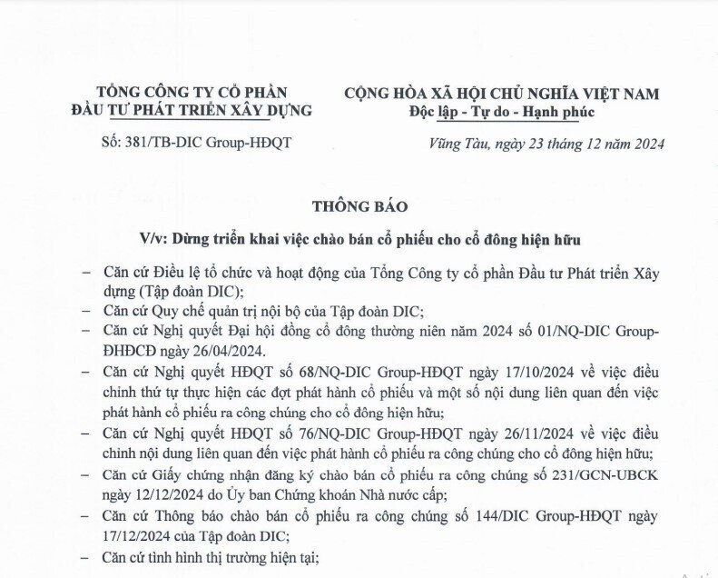 DIC Corp (DIG) dừng triển khai việc chào bán cổ phiếu cho cổ đông hiện hữu