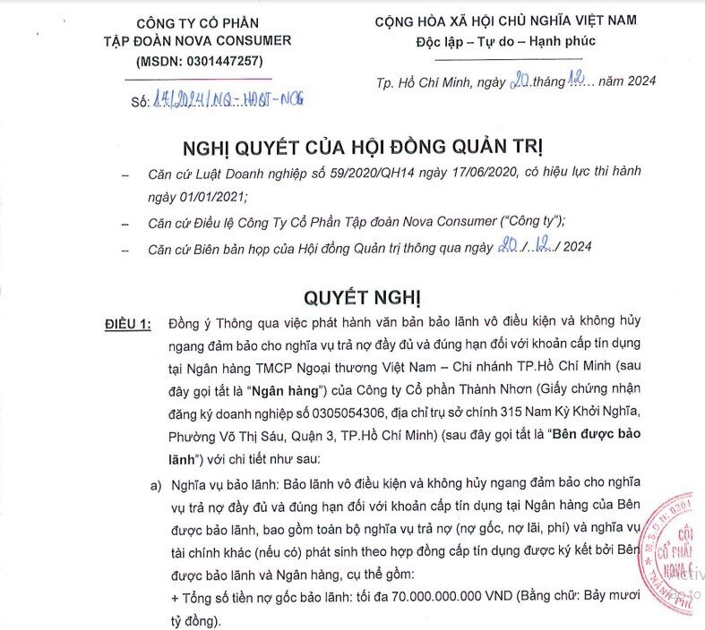 Nova Consumer (NCG) bảo lãnh khoản vay 70 tỷ đồng của CTCP Thành Nhơn tại Vietcombank