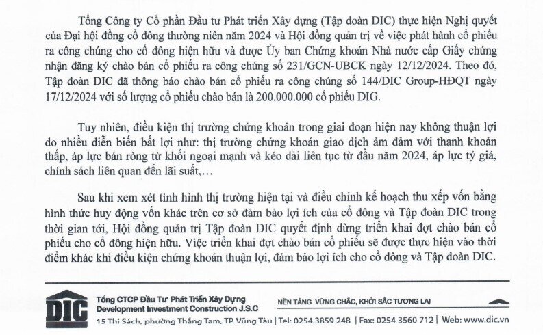 DIC Corp (DIG) dừng triển khai việc chào bán cổ phiếu cho cổ đông hiện hữu