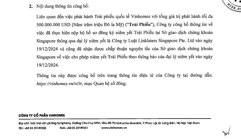 Sở Giao dịch chứng khoán Singapore “bật đèn xanh” cho Vinhomes niêm yết trái phiếu