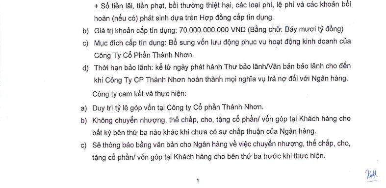 Nova Consumer (NCG) bảo lãnh khoản vay 70 tỷ đồng của CTCP Thành Nhơn tại Vietcombank