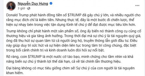 Chủ tịch SSI Nguyễn Duy Hưng: Tiền số $TRUMP là nước đi táo bạo, dùng 'Kinh tế chú ý' để gia tăng ảnh hưởng