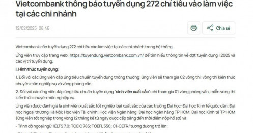 Giữa làn sóng tái cấu trúc nhân sự, Vietcombank thông báo tuyển thêm 272 nhân viên ngay đầu năm