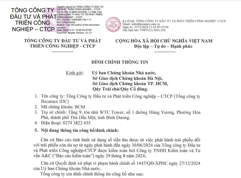 Lĩnh án phạt từ UBCKNN, Becamex IDC lên tiếng cải chính thông tin