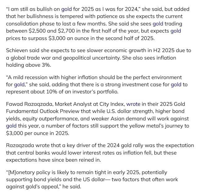 Giá vàng sẽ vượt mốc 3.000 USD/ounce trong 2025