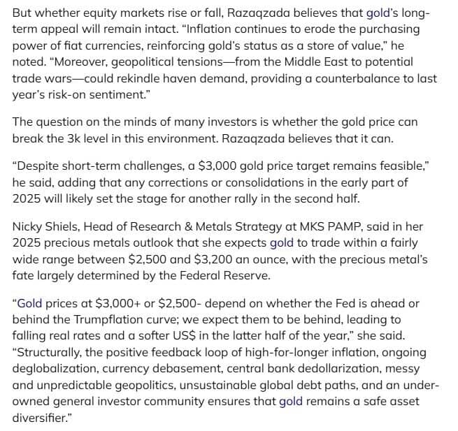 Giá vàng sẽ vượt mốc 3.000 USD/ounce trong 2025