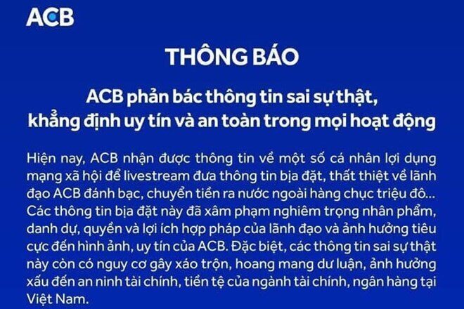 Vụ tung tin về lãnh đạo ACB, phải làm rõ và xử lý nghiêm