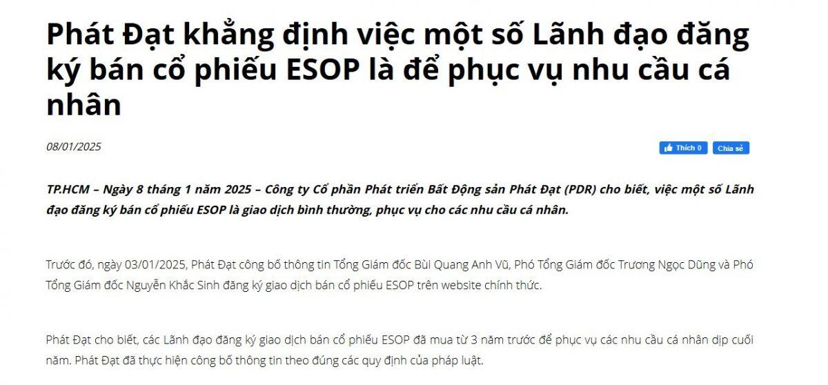 Lãnh đạo đồng loạt bán ra cổ phiếu, Phát Đạt lên tiếng