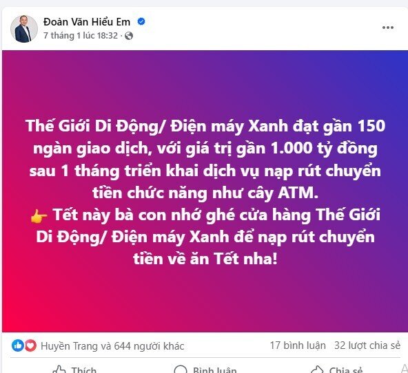 Hơn 150.000 giao dịch, số tiền 1.000 tỷ đồng qua ‘ATM’ của MWG