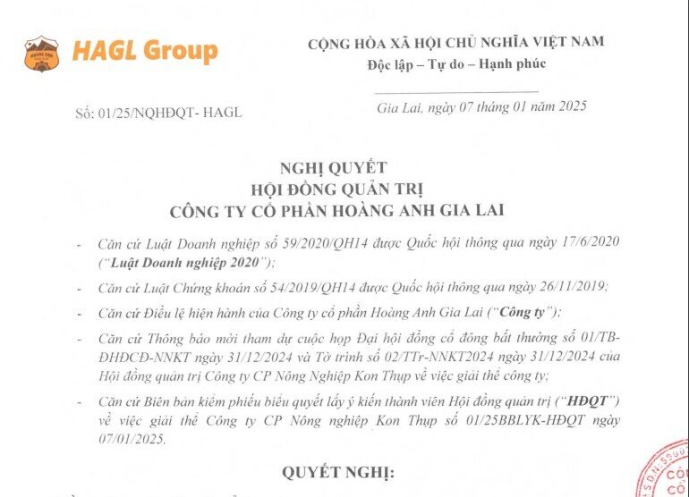 HAGL giải thể công ty con ngay đầu năm 2025