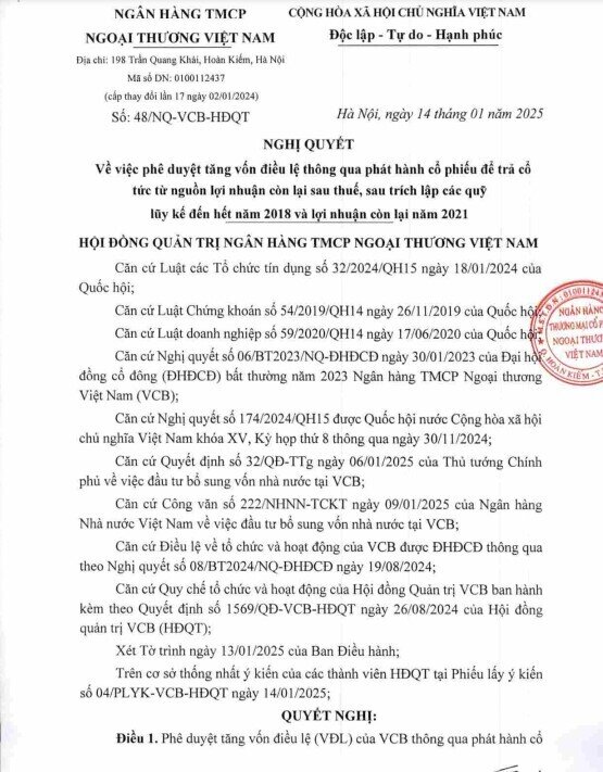 Vietcombank (VCB) lên kế hoạch tăng vốn lên 83.557 tỷ đồng