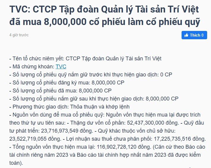 Trí Việt (TVC) đã hoàn tất việc mua 8 triệu cổ phiếu quỹ