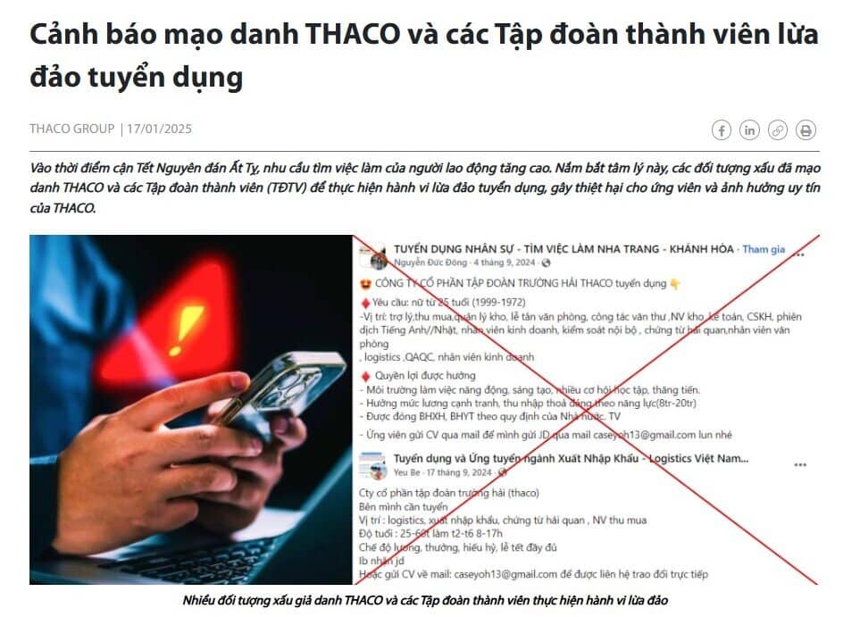 THACO phát đi thông báo khẩn về hành vi gây ảnh hưởng đến uy tín công ty