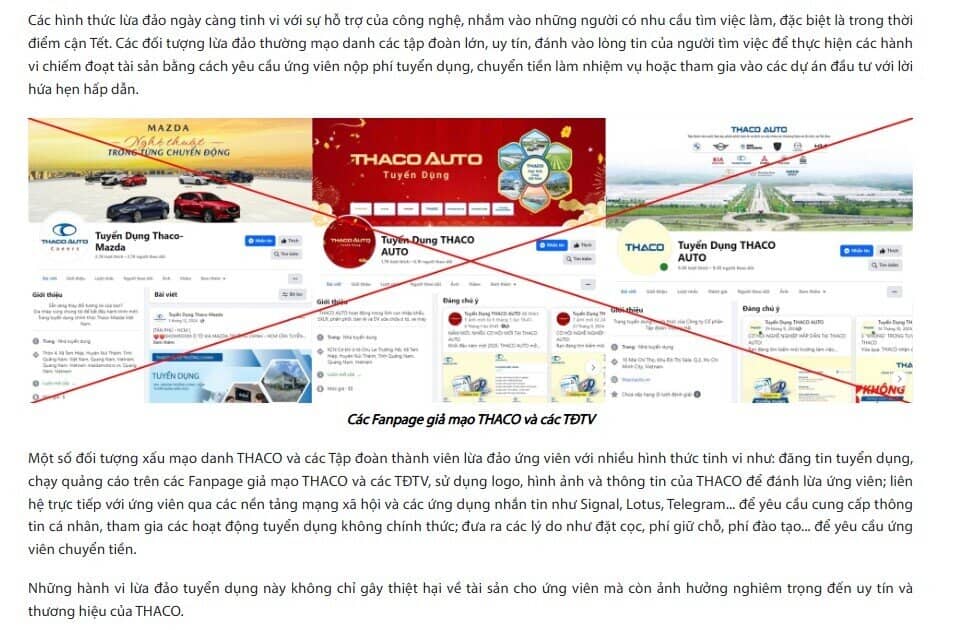 THACO phát đi thông báo khẩn về hành vi gây ảnh hưởng đến uy tín công ty