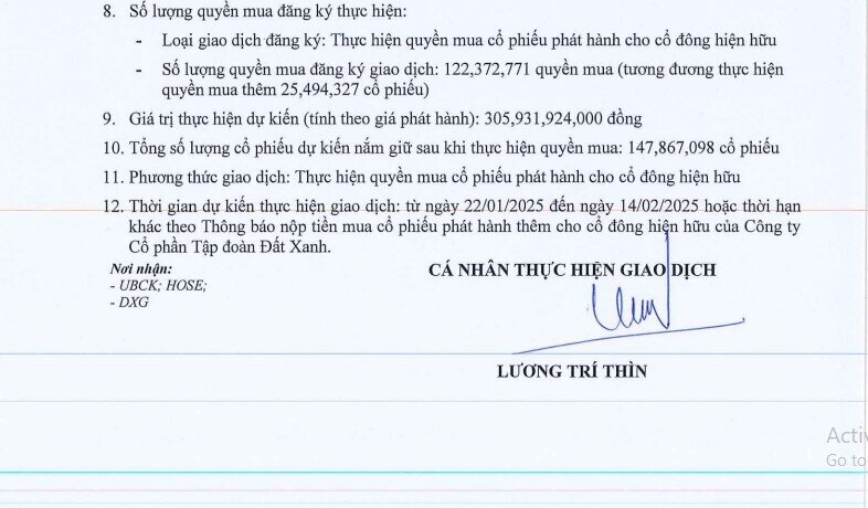 Ông Lương Trí Thìn chi 306 tỷ đồng mua cổ phiếu phát hành thêm của DXG