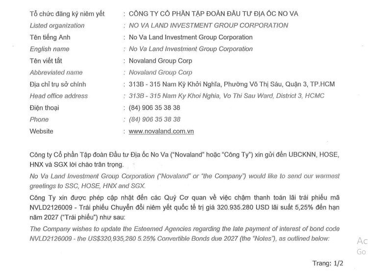 Novaland (NVL) cập nhật thông tin mới về lô trái phiếu quốc tế 300 triệu USD