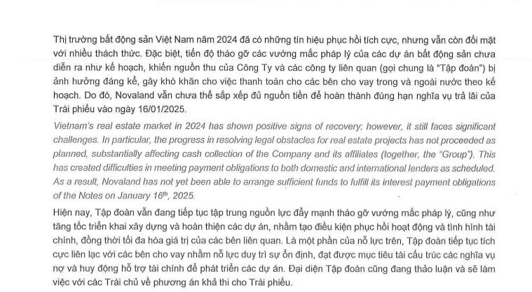 Novaland (NVL) cập nhật thông tin mới về lô trái phiếu quốc tế 300 triệu USD