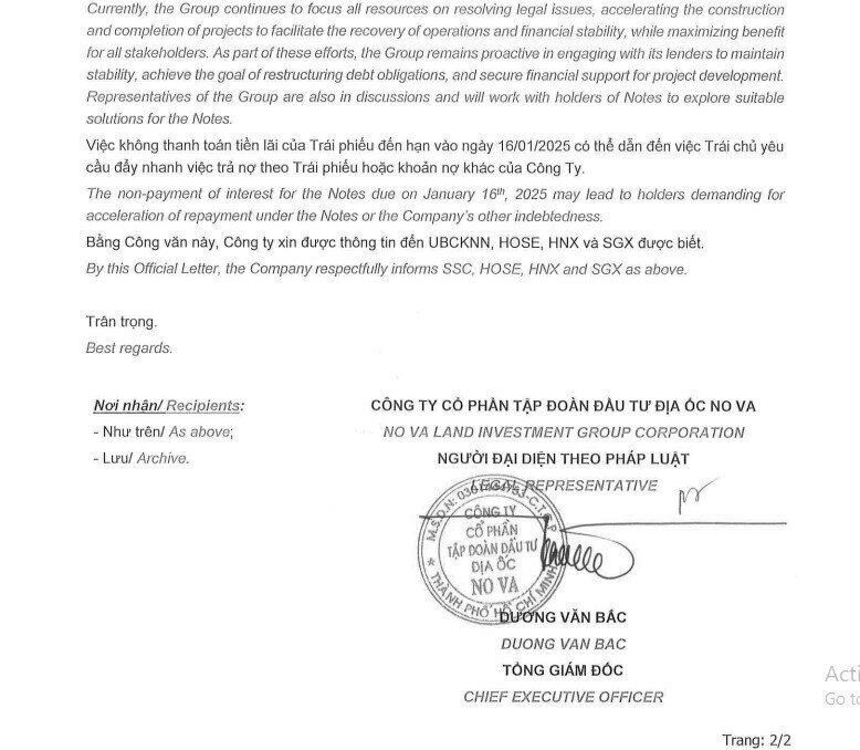 Novaland (NVL) cập nhật thông tin mới về lô trái phiếu quốc tế 300 triệu USD
