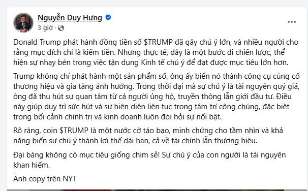 Chủ tịch SSI Nguyễn Duy Hưng: Tiền số $TRUMP là nước đi táo bạo, dùng 'Kinh tế chú ý' để gia tăng ảnh hưởng