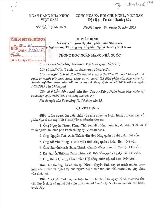 6 thành viên đại diện 80% vốn Nhà nước tại Vietcombank
