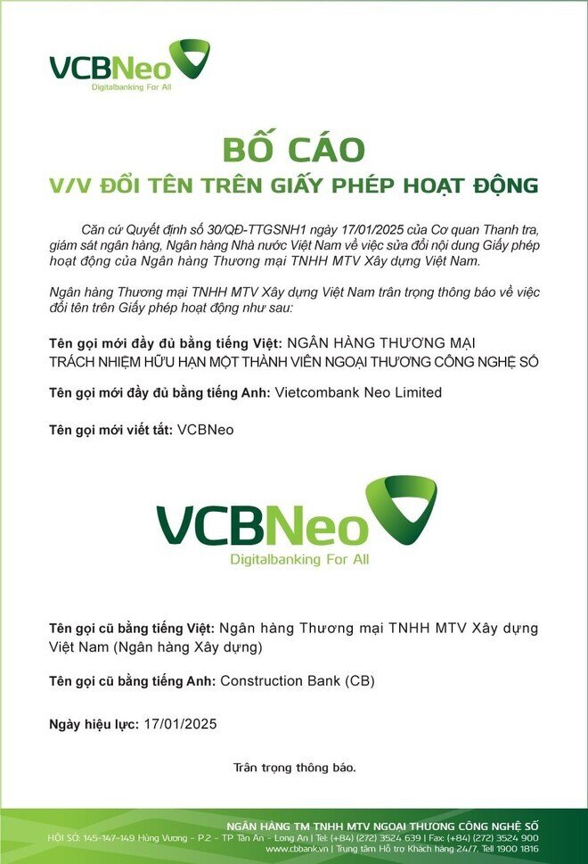 Sau khi về với Vietcombank, CB đổi tên thành VCBNeo