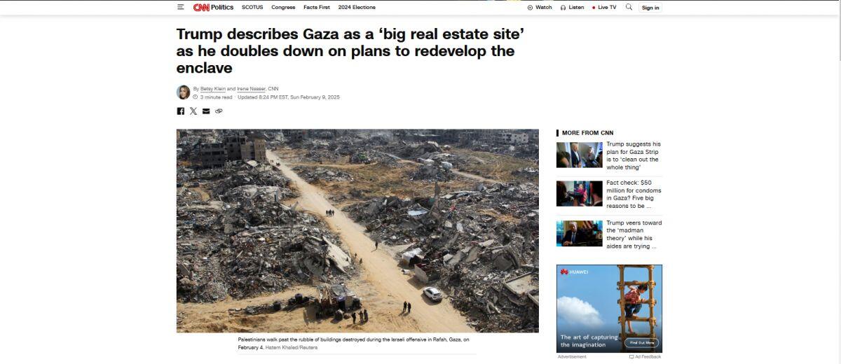 CNN: Tổng thống Donald Trump gọi Gaza là "khu bất động sản lớn", Mỹ sẽ sở hữu và phát triển