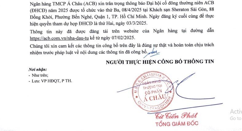 ACB chốt ngày họp ĐHĐCĐ thường niên vào tháng 4/2025