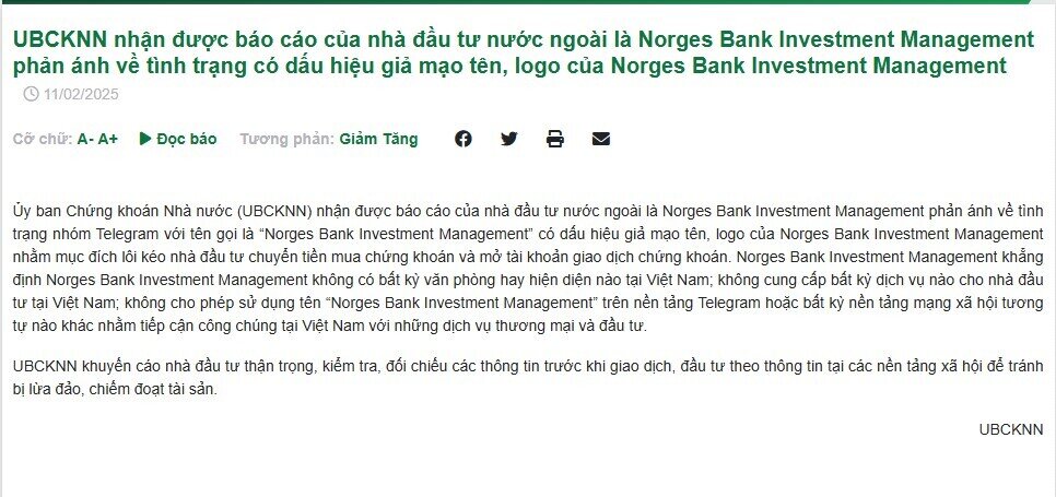 UBCKNN cảnh báo một nhóm mạo danh quỹ đầu tư quy mô hơn 1.700 tỷ USD để lừa đảo khách hàng Việt Nam