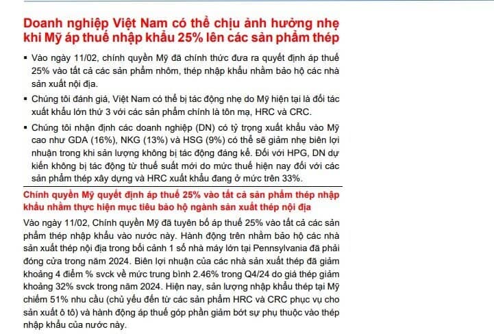 Mỹ áp thuế 25% lên thép: HPG 'miễn nhiễm' vì lý do bất ngờ, nhóm HSG, NKG và GDA thì không