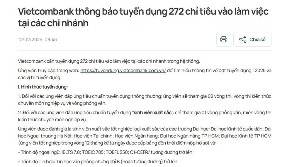 Giữa làn sóng tái cấu trúc nhân sự, Vietcombank thông báo tuyển thêm 272 nhân viên ngay đầu năm