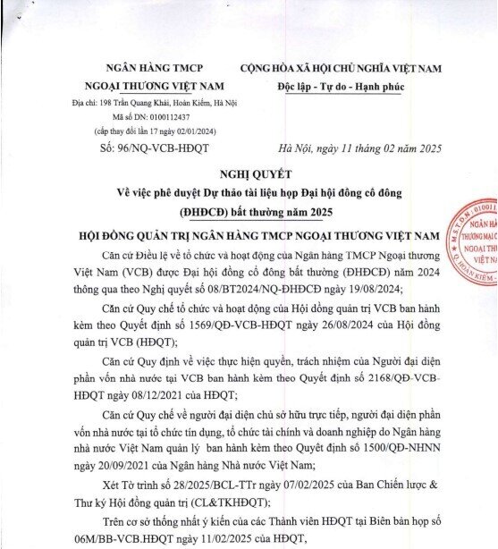 VCB họp đại hội đồng cổ đông bất thường năm 2025