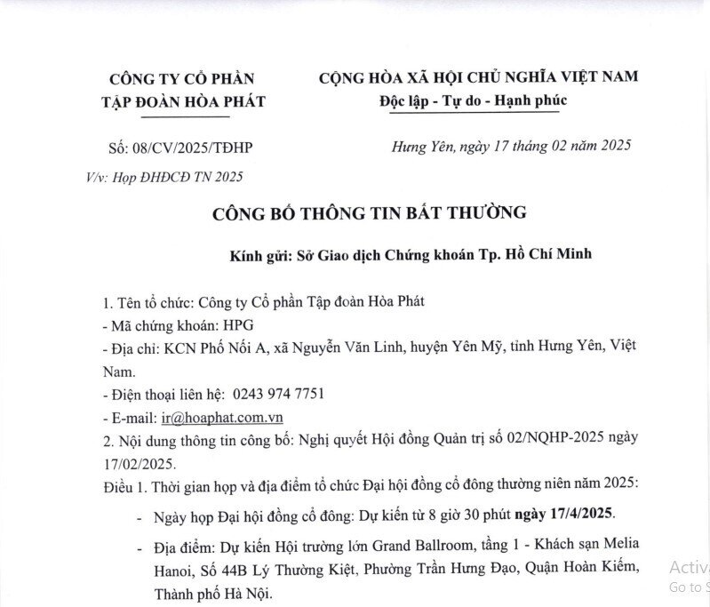 ĐHĐCĐ Hòa Phát năm 2025: Hàng vạn cổ đông sắp đổ về khách sạn 5 sao tại Hà Nội