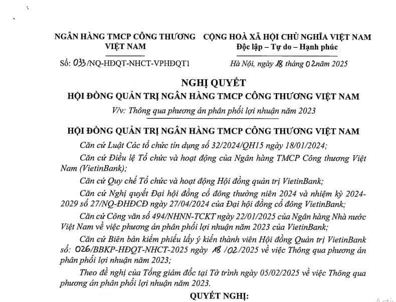 VietinBank công bố phương án phân phối 12,5 tỷ đồng lợi nhuận năm 2023