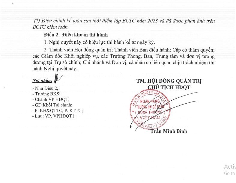 VietinBank công bố phương án phân phối 12,5 tỷ đồng lợi nhuận năm 2023