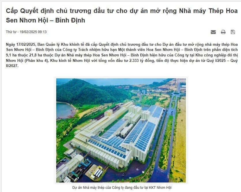 Hoa Sen (HSG) đầu tư hơn 2.300 tỷ đồng mở rộng nhà máy thép tại Bình Định