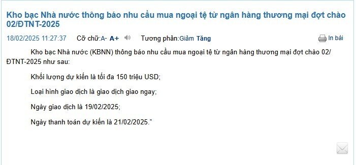 Kho bạc Nhà nước muốn mua vào 350 triệu USD trong tháng 2