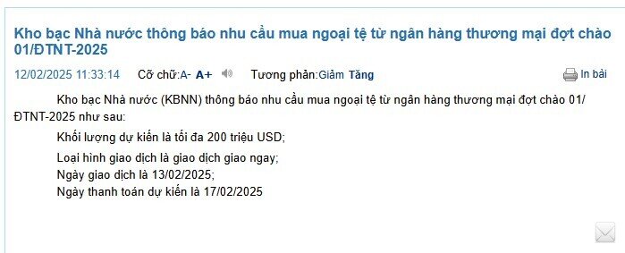 Kho bạc Nhà nước muốn mua vào 350 triệu USD trong tháng 2