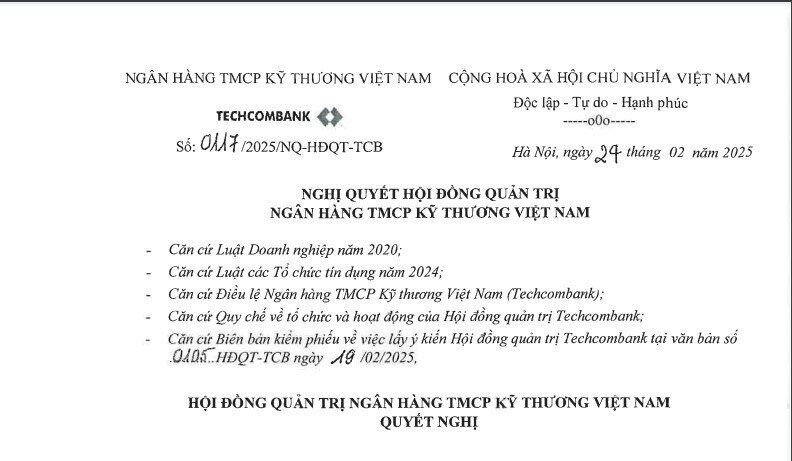 Techcombank chốt quyền tham dự ĐHĐCĐ