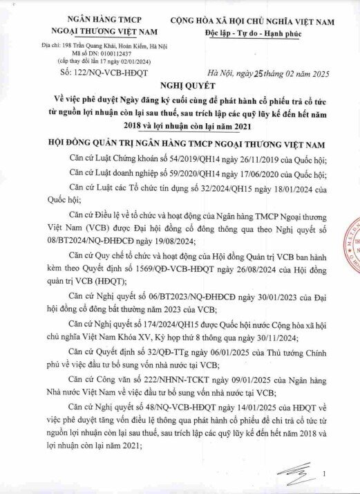 VCB sắp chia cổ tức bằng cổ phiếu cao kỷ lục, đưa vốn điều lệ lên top 1 ngành ngân hàng