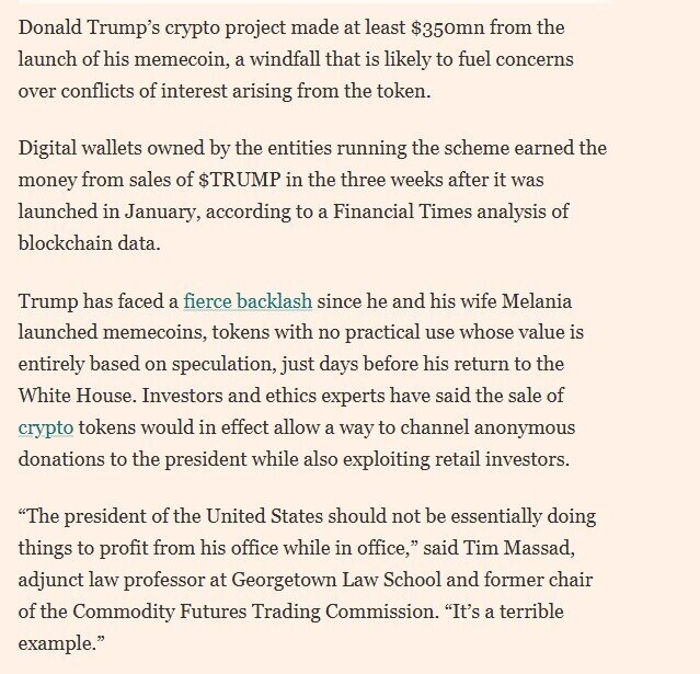 Dự án memecoin $TRUMP thu về 350 triệu USD trong khi nhà đầu tư 'cháy túi' vì mức giảm 82%