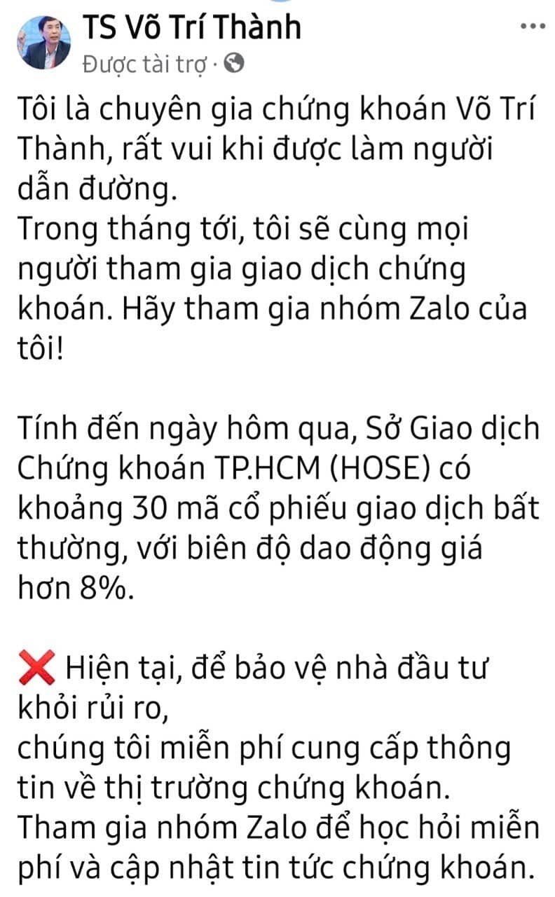 Chiêu trò lừa đảo chứng khoán: Giả danh TS. Võ Trí Thành "dụ dỗ" nhà đầu tư