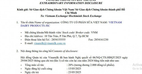 Vinamilk (VNM) chốt quyền chia cổ tức 20% bằng tiền mặt