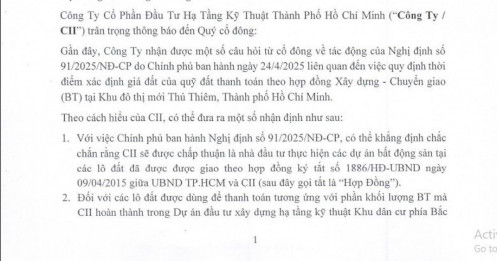 CII lên tiếng về các dự án tại Thủ Thiêm sau Nghị định 91