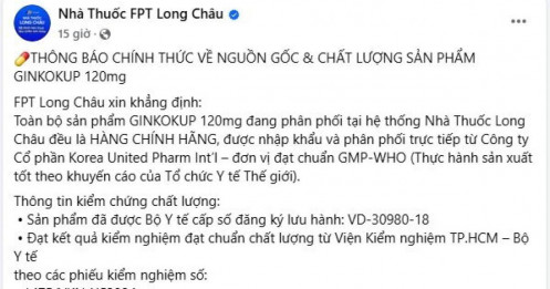 Nhà thuốc FPT Long Châu lên tiếng về nguồn gốc và chất lượng của một loại thuốc điều trị bệnh sa sút trí tuệ