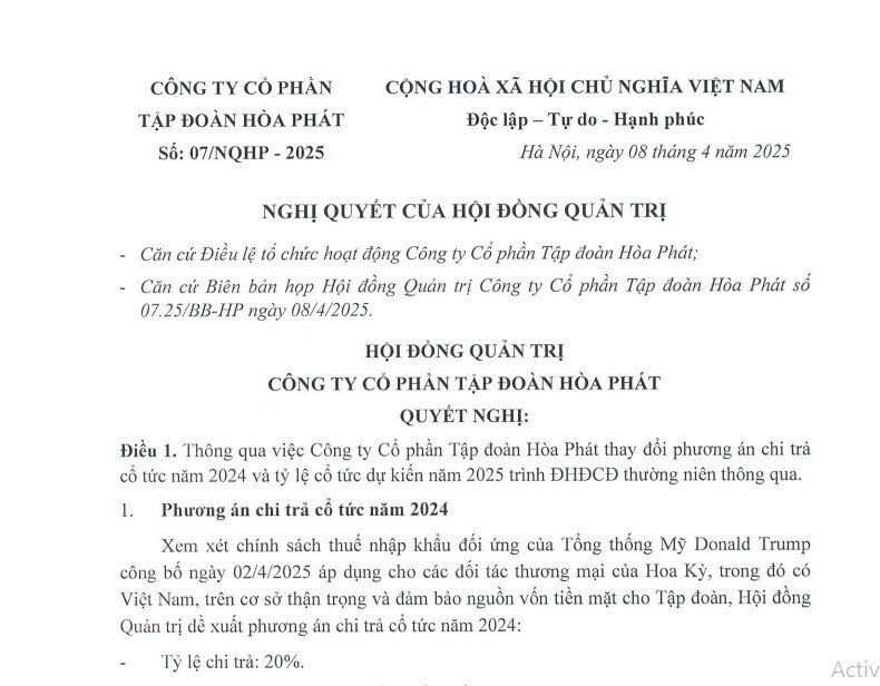 Hòa Phát (HPG) hủy trả cổ tức bằng tiền mặt để "đảm bảo nguồn vốn cho tập đoàn"